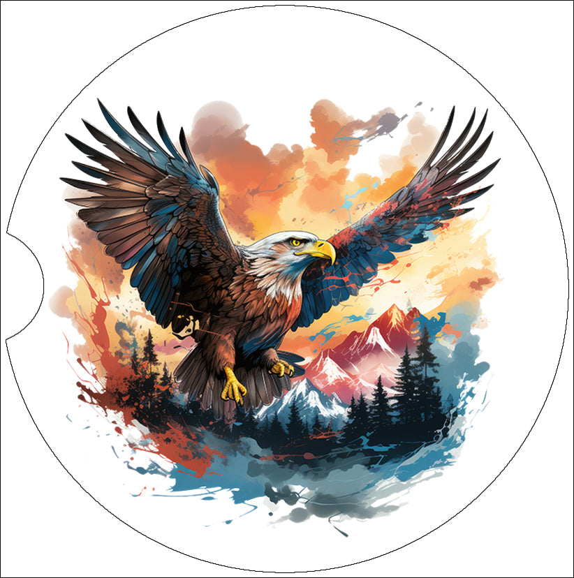 a painting of an eagle flying over a forest