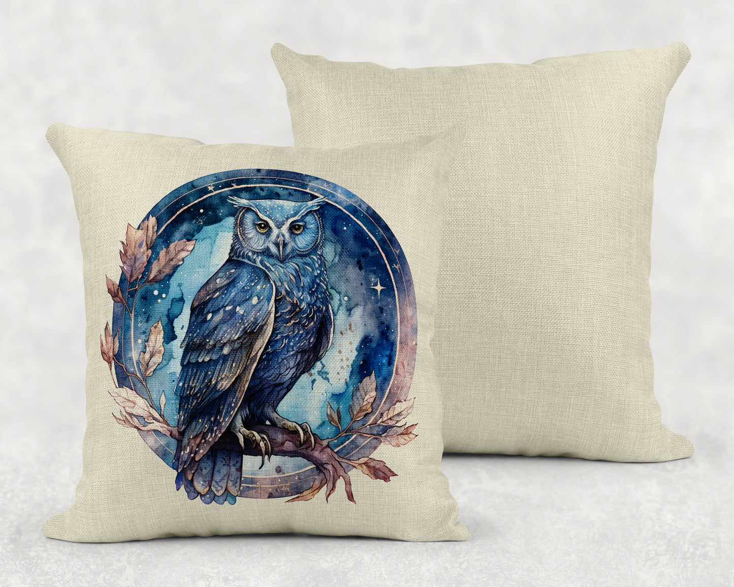 Watercolor Celestial Owl Art Linen Throw Pillow Sham