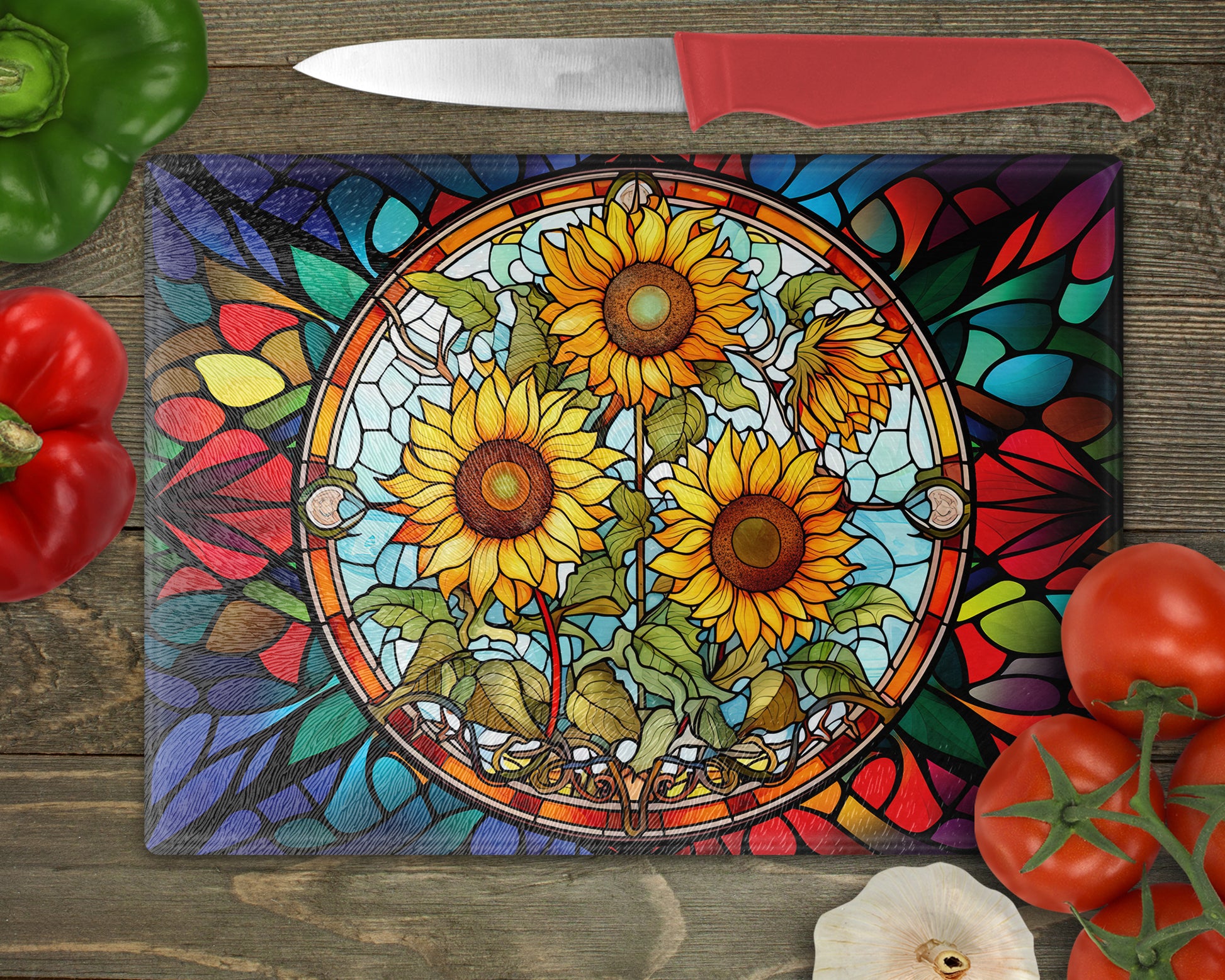 a cutting board with a painting of sunflowers on it