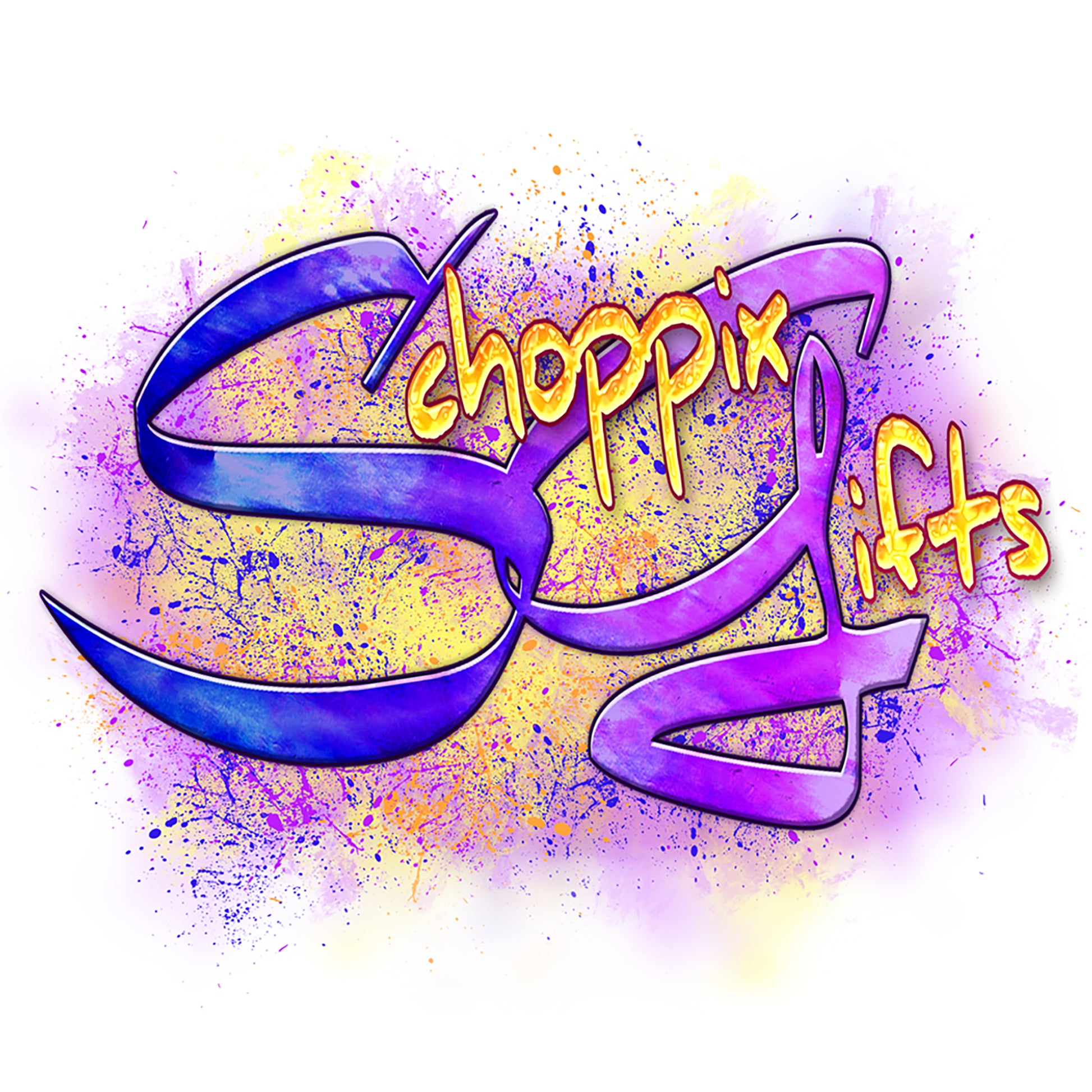 the word shoppix glits painted in purple and yellow