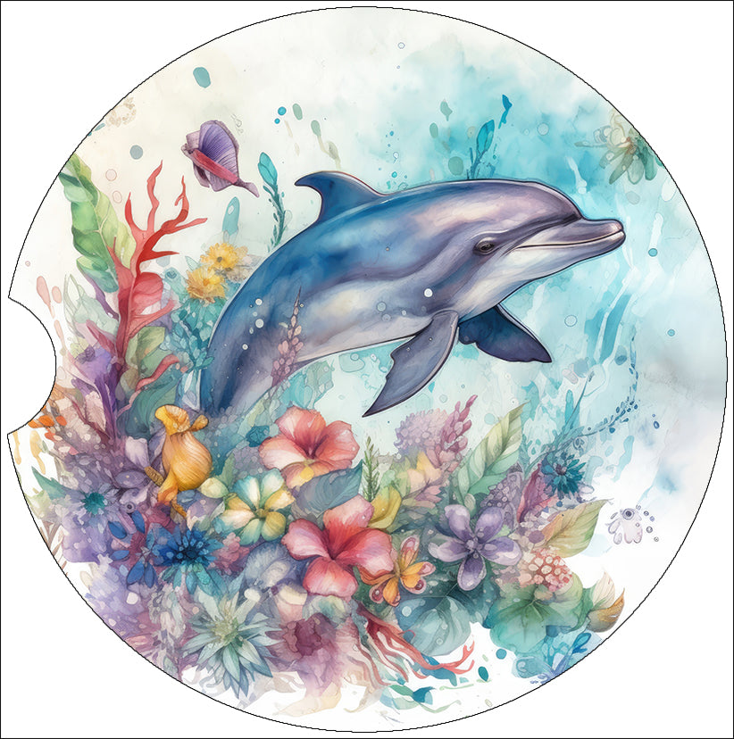a watercolor painting of a dolphin surrounded by flowers