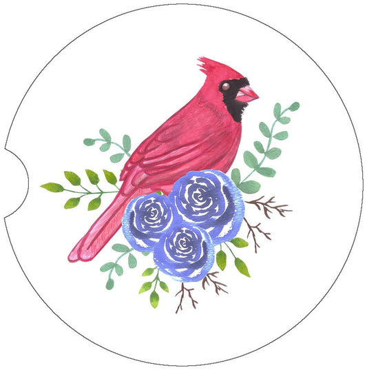 Cardinal and Blue Flowers Car Coasters - Matching Pair - Schoppix Gifts