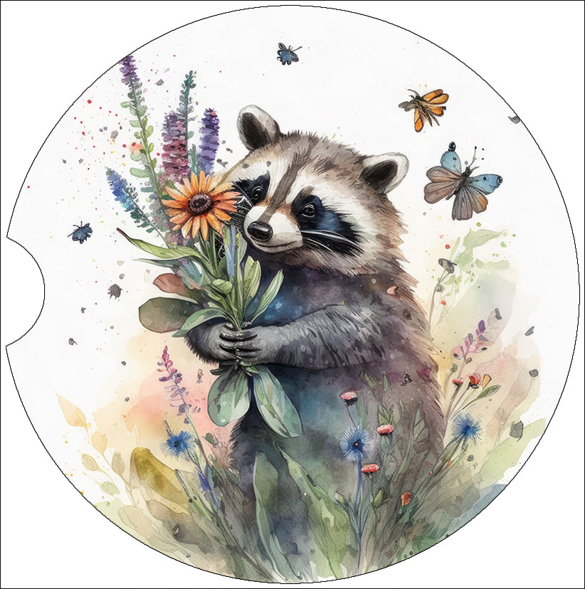 a painting of a raccoon holding a bouquet of flowers