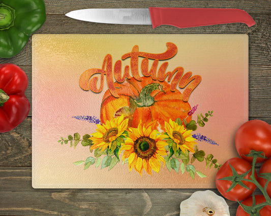 Autumn Pumpkin & Sunflowers Art Glass Cutting Board