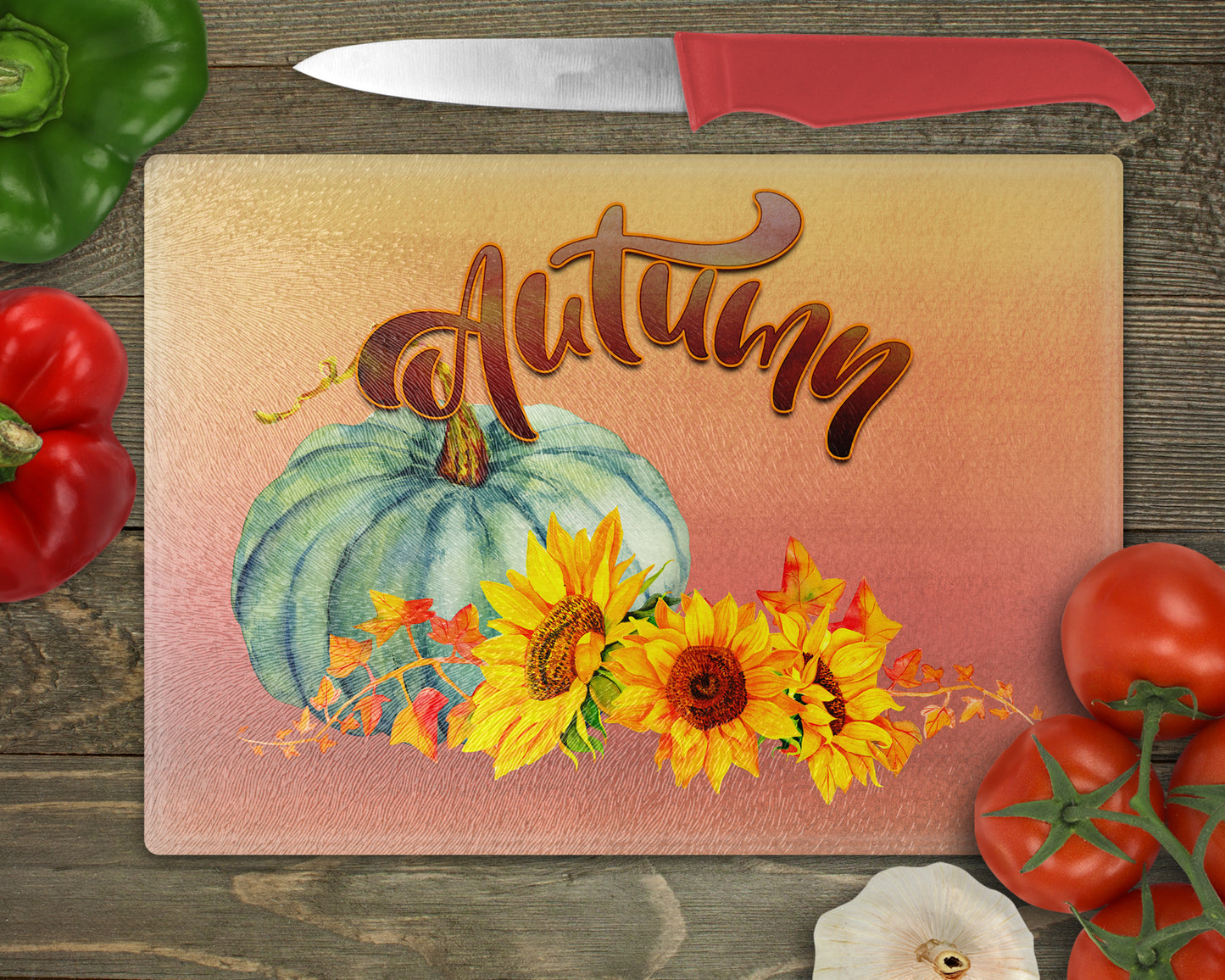 Pumpkin & Sunflowers Autumn Art Glass Cutting Board