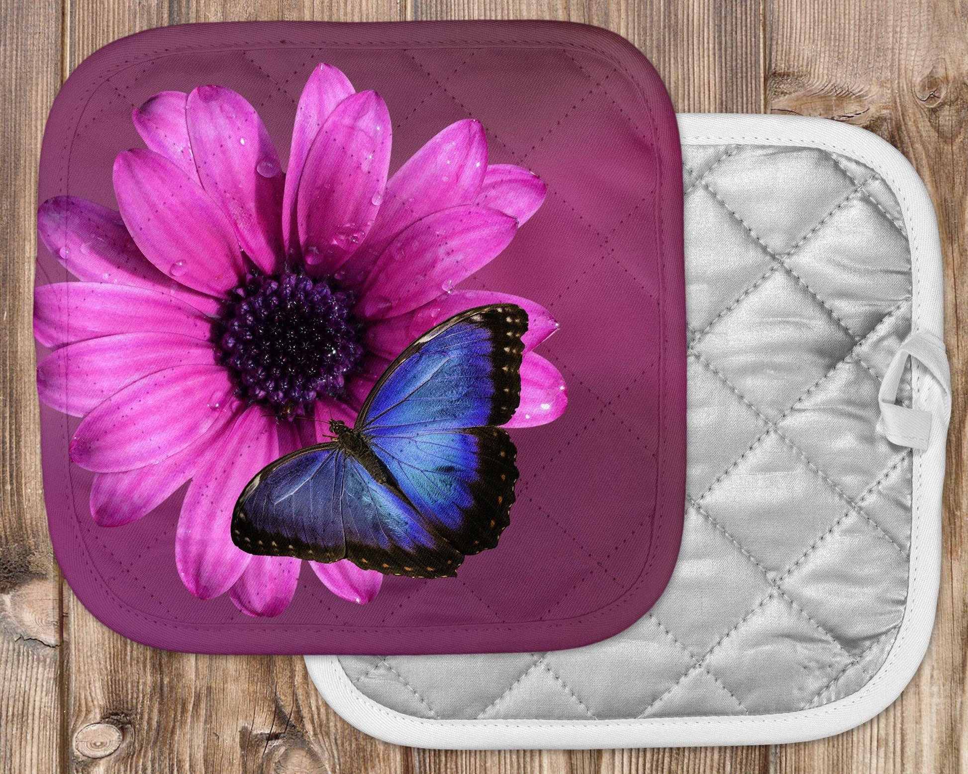Blue Butterfly on Pink Flower Potholder - Schoppix Gifts