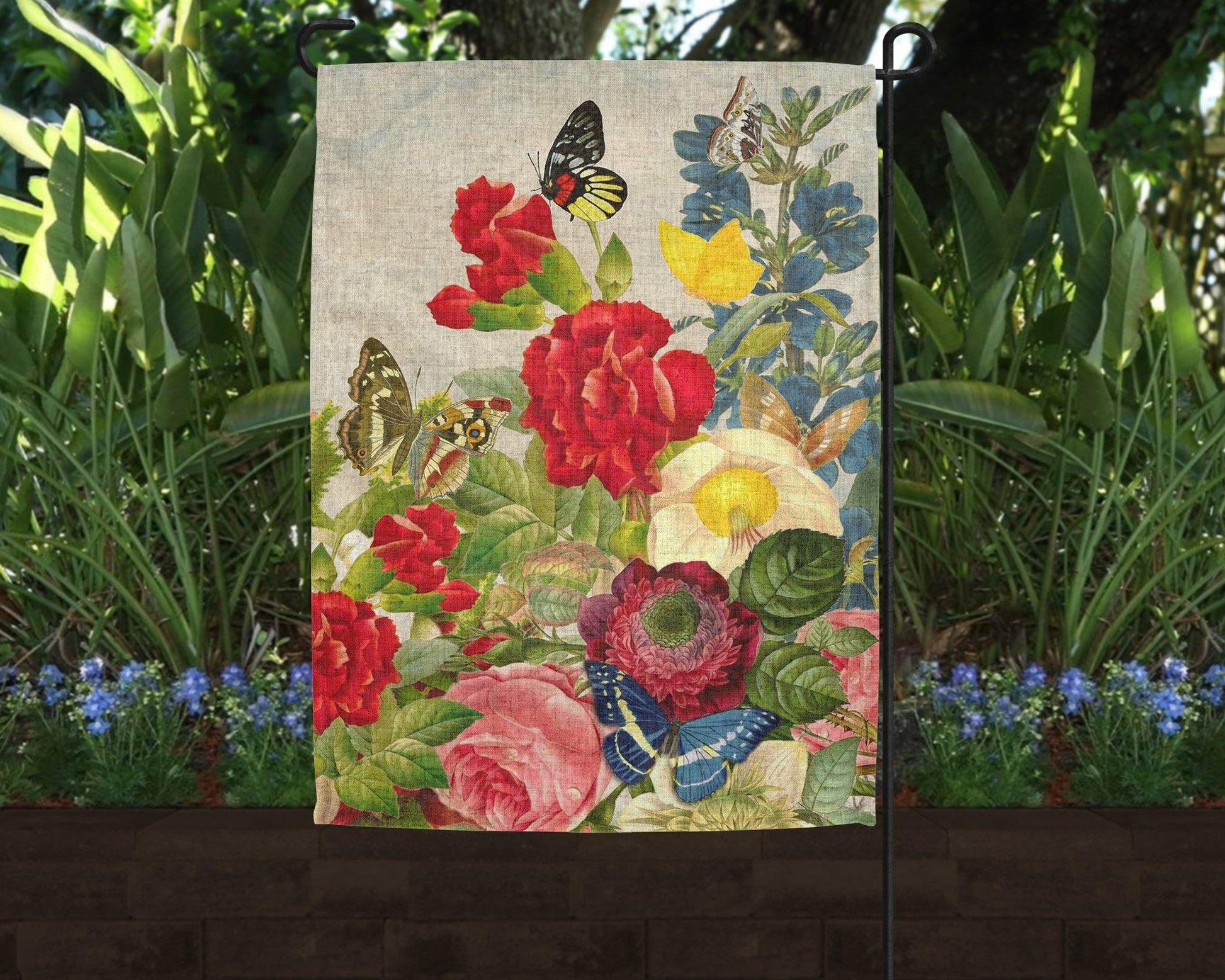 Butterflies in Flower Garden Art Linen Garden Flag - Schoppix Gifts