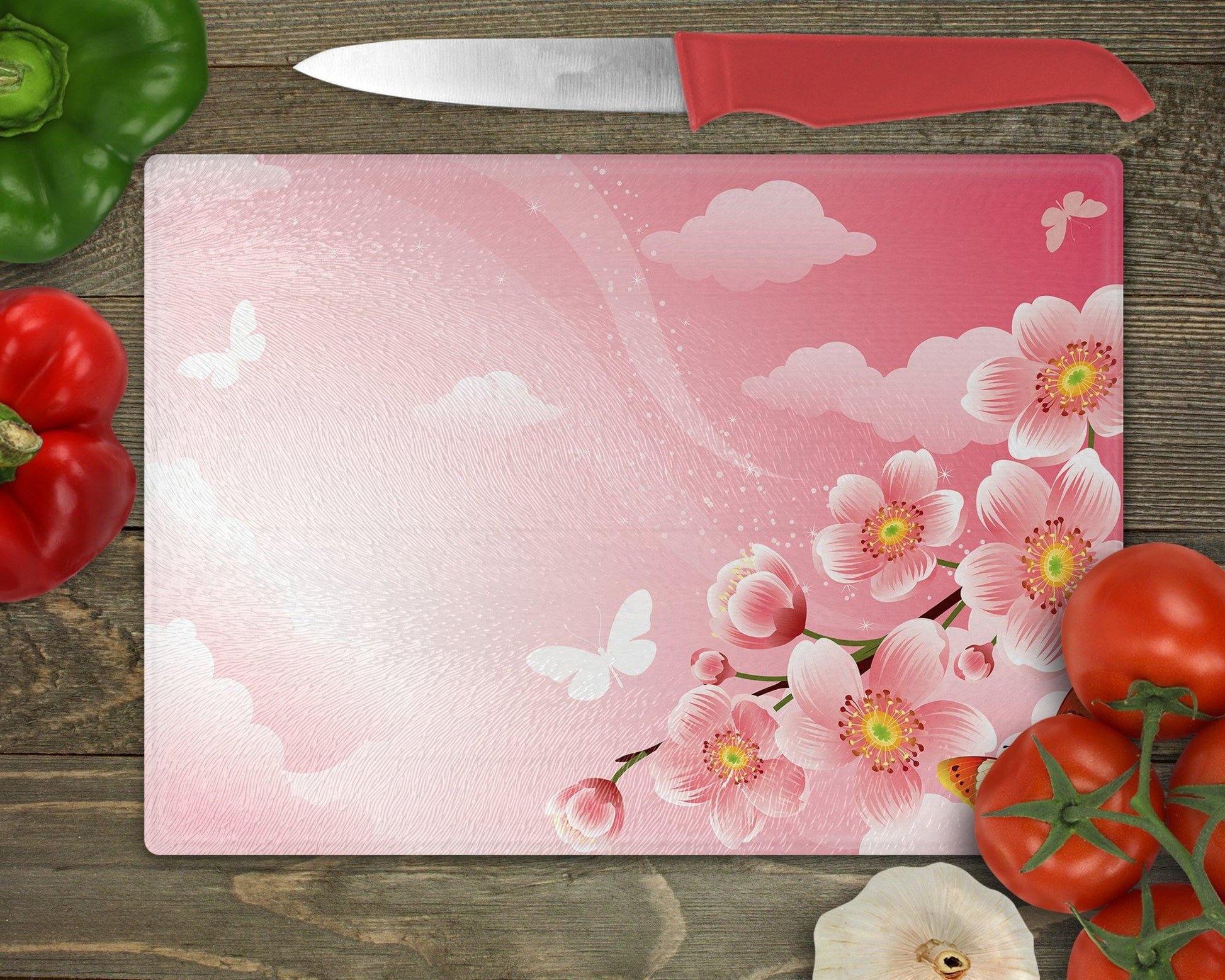 Butterflies & Cherry Blossoms Glass Cutting Board - Schoppix Gifts