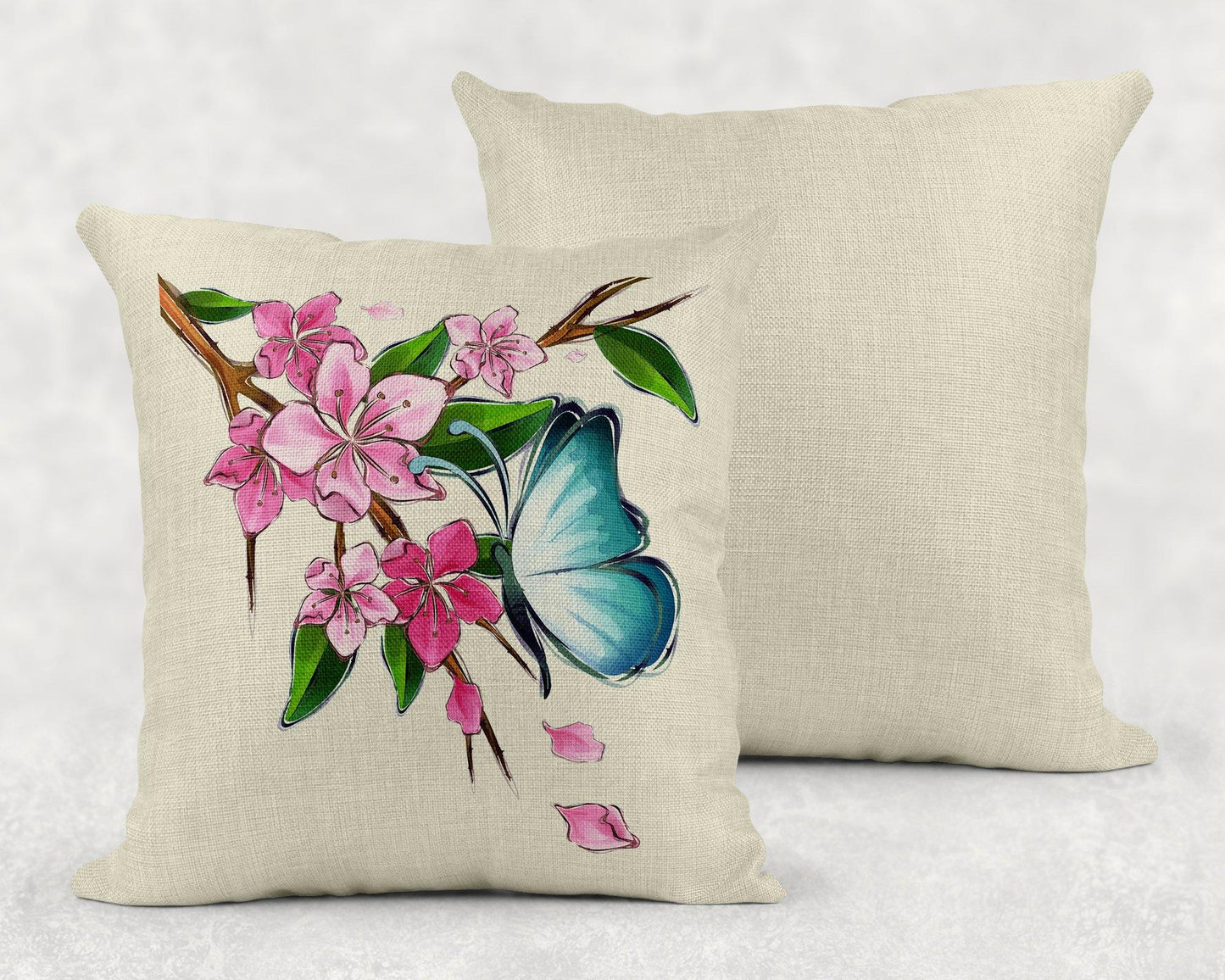 Blue Butterfly on Cherry Blossoms Linen Pillow Sham - Schoppix Gifts