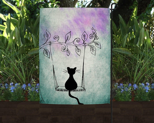 Cat on a Swing Linen Garden Flag - Schoppix Gifts
