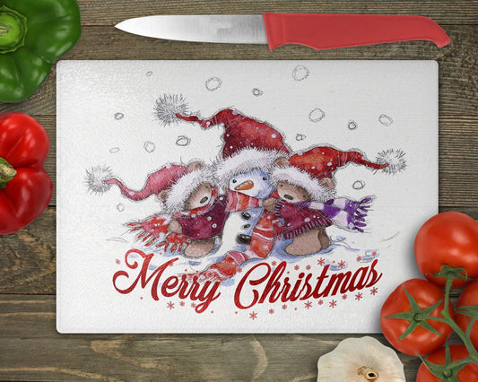 Cute Merry Christmas Bears Glass Cutting Board - Schoppix Gifts