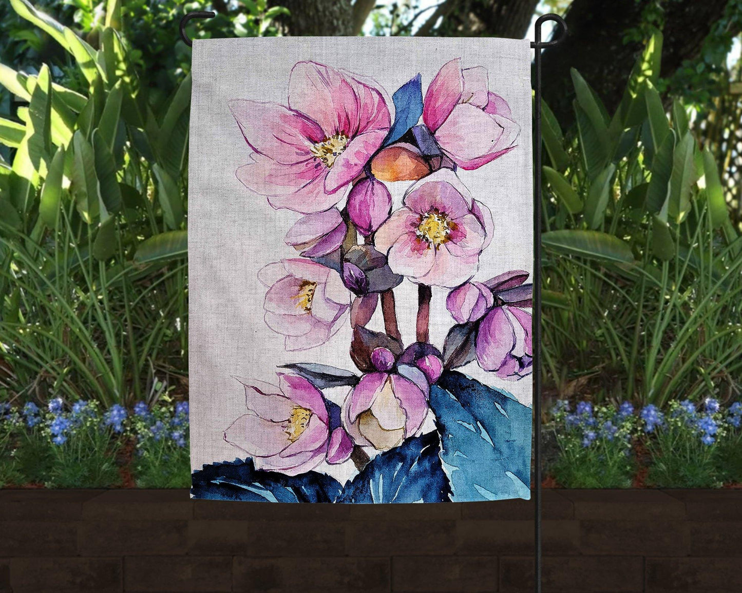 Pink Flowers Art Linen Garden Flag - Schoppix Gifts
