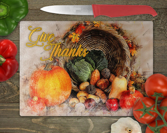 Give Thanks Autumn Decor Glass Cutting Board - Schoppix Gifts