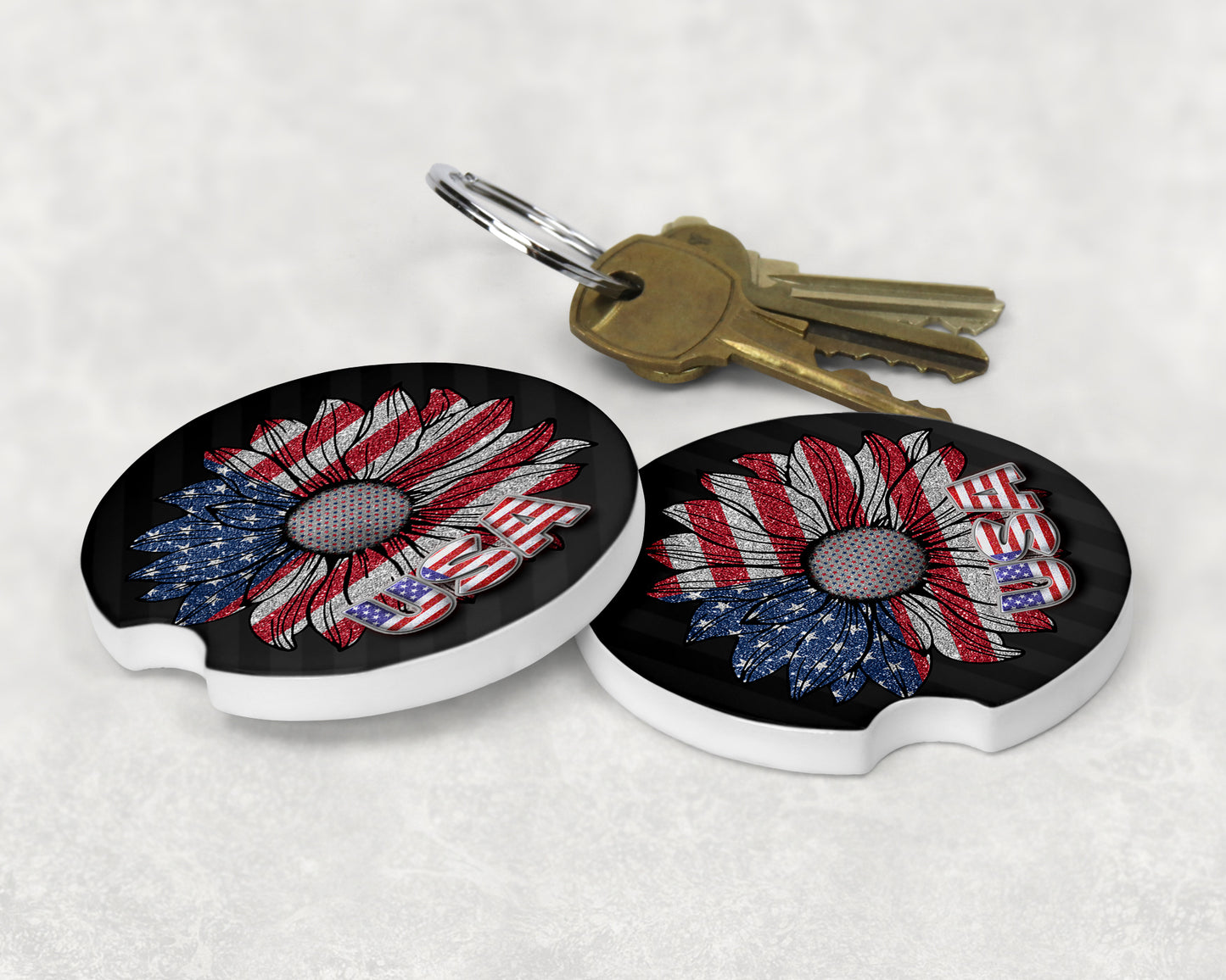 Glitter Look Sunflower USA American Flag Car Coasters/Set of 2