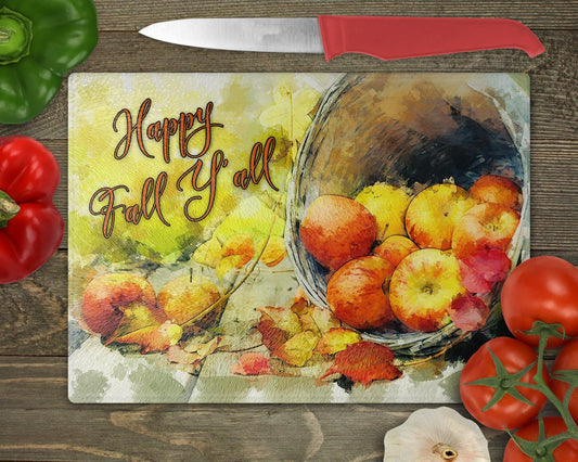 Happy Fall Y'All Autumn Decor Glass Cutting Board - Schoppix Gifts