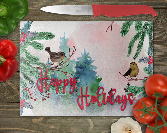 Happy Holidays Christmas Birds Art Decorative Glass Cutting Board