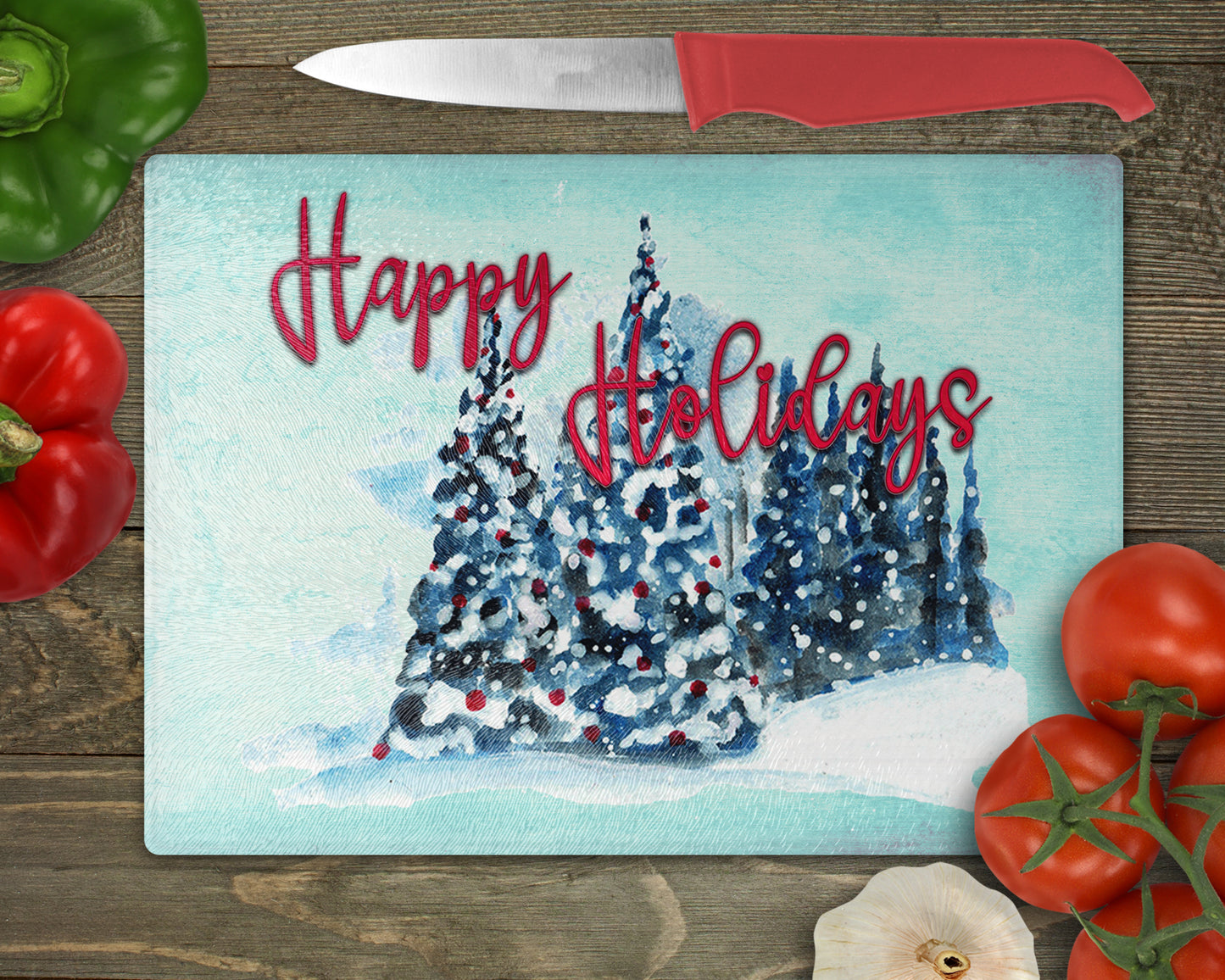 Happy Holidays Christmas Scenic Trees Art Decorative Glass Cutting Board