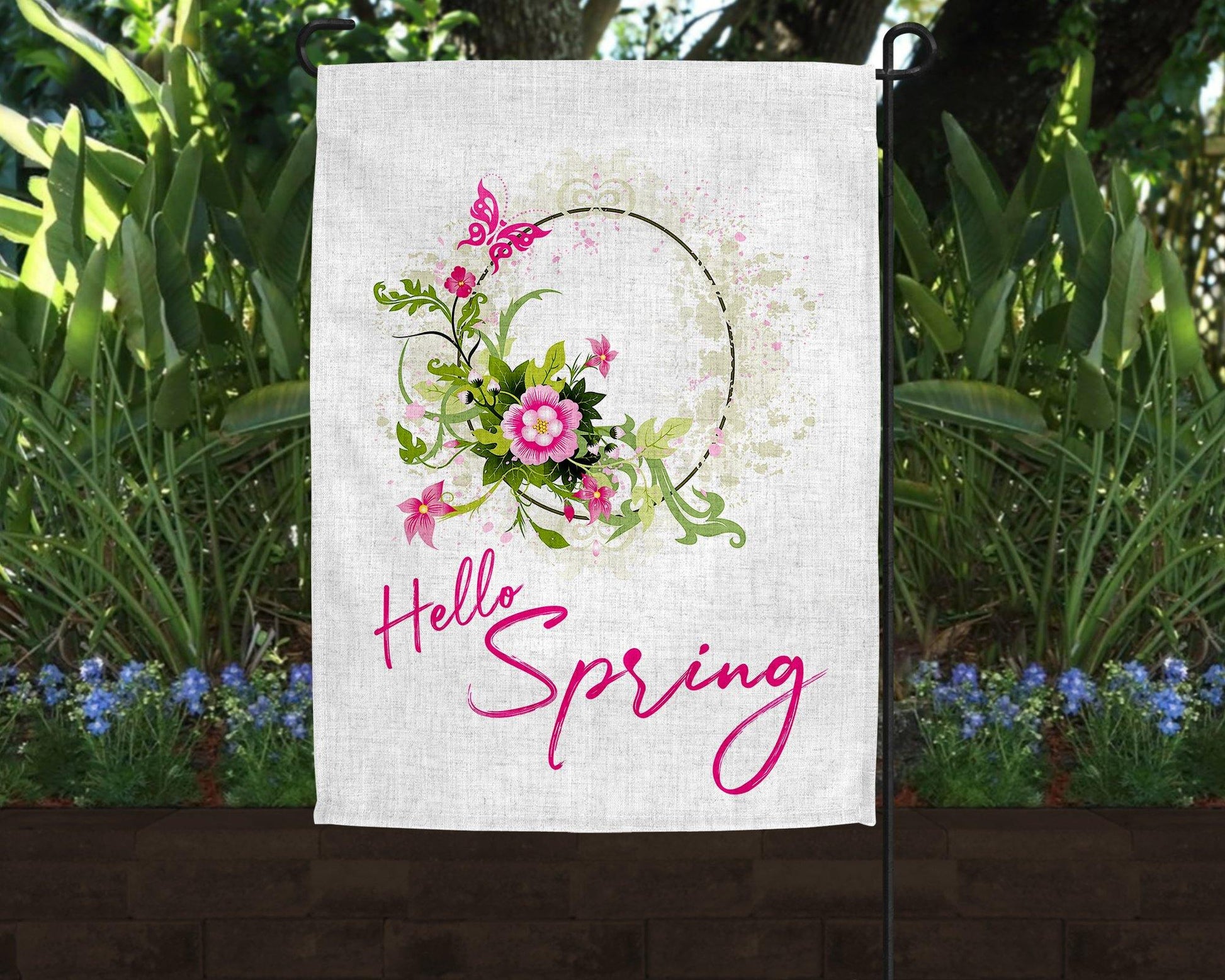 Hello Spring Flower Wreath Art Linen Garden Flag - Schoppix Gifts