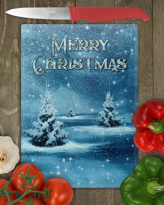 Merry Christmas Snowy Trees Glass Cutting Board - Schoppix Gifts