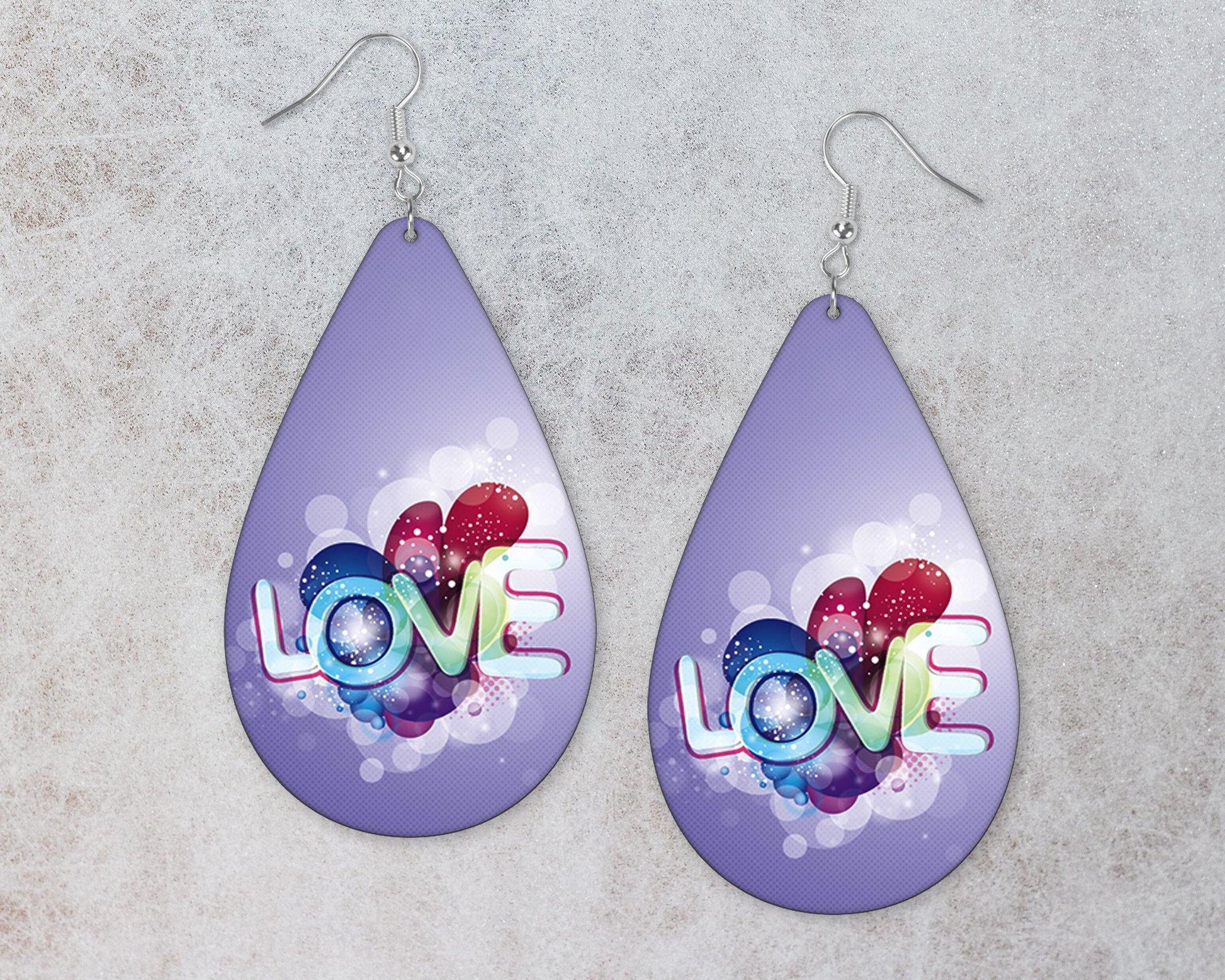 Purple Popart LOVE Hearts Teardrop Earrings - Schoppix Gifts
