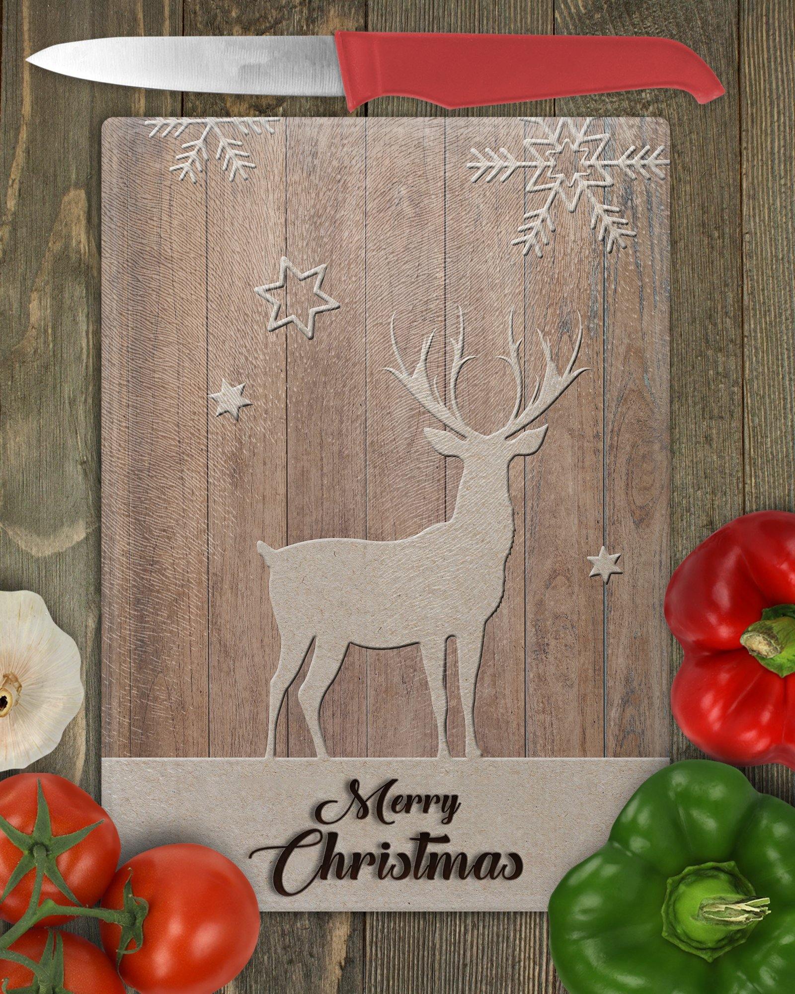 Merry Christmas Reindeer Cutout Glass Cutting Board - Schoppix Gifts