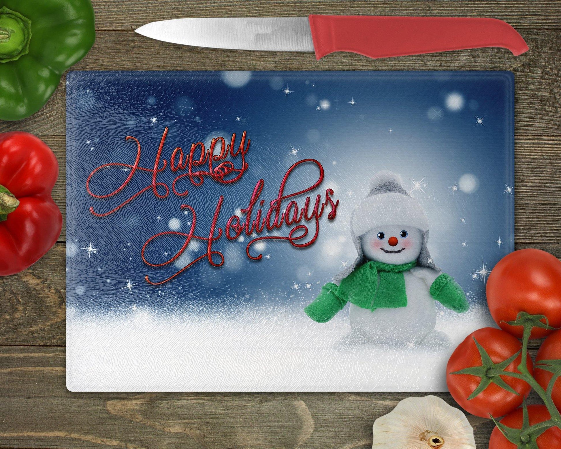 Happy Holidays Snowman Cutout Glass Cutting Board - Schoppix Gifts