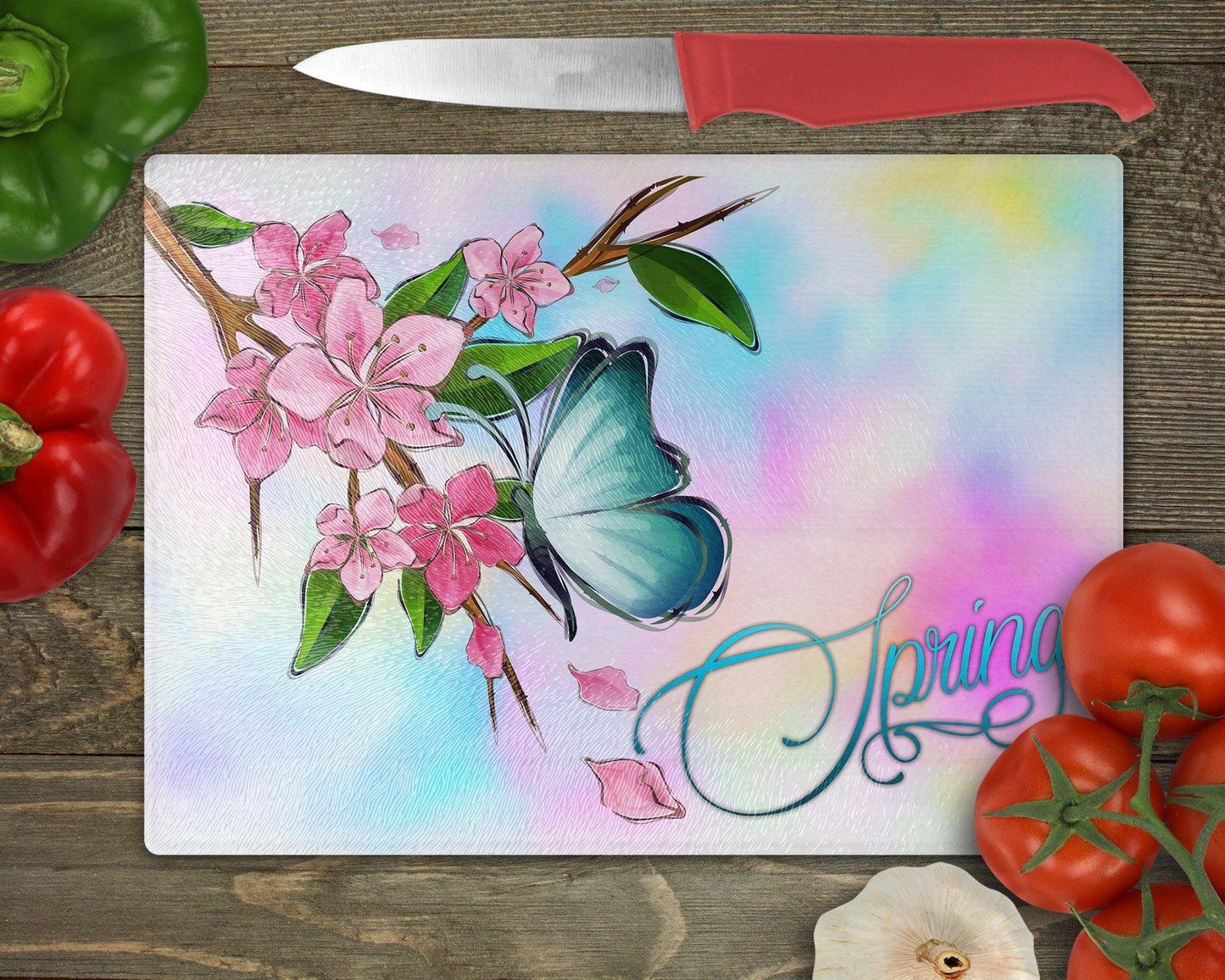 Butterfly on Cherry Blossoms Glass Cutting Board - Schoppix Gifts