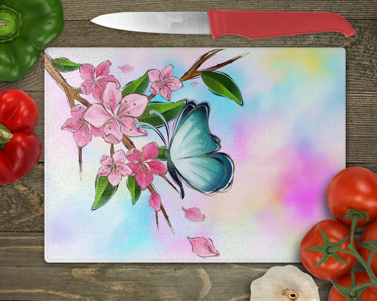 Butterfly on Cherry Blossoms Glass Cutting Board - Schoppix Gifts