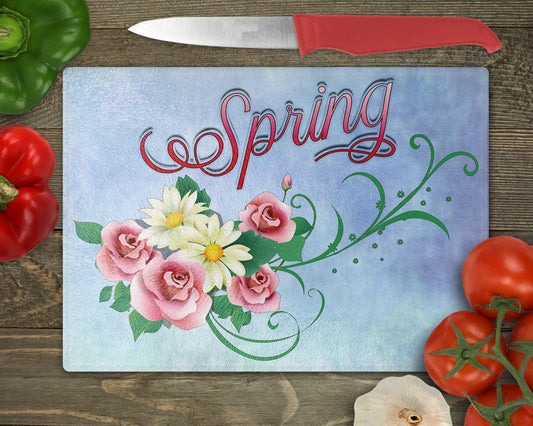 Spring Roses & Daisies Glass Cutting Board - Schoppix Gifts