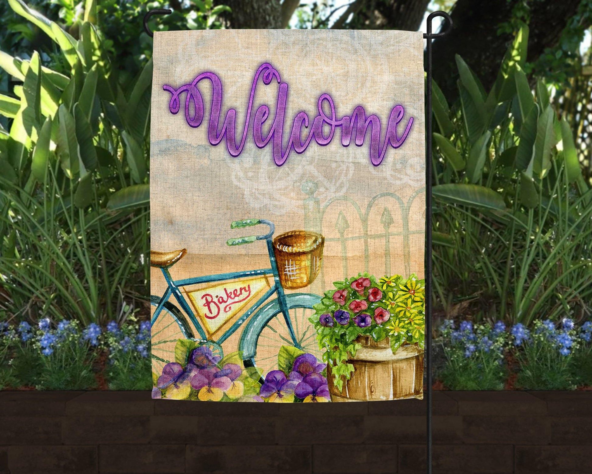 Bicycle and Flowers Welcome Linen Garden Flag - Schoppix Gifts