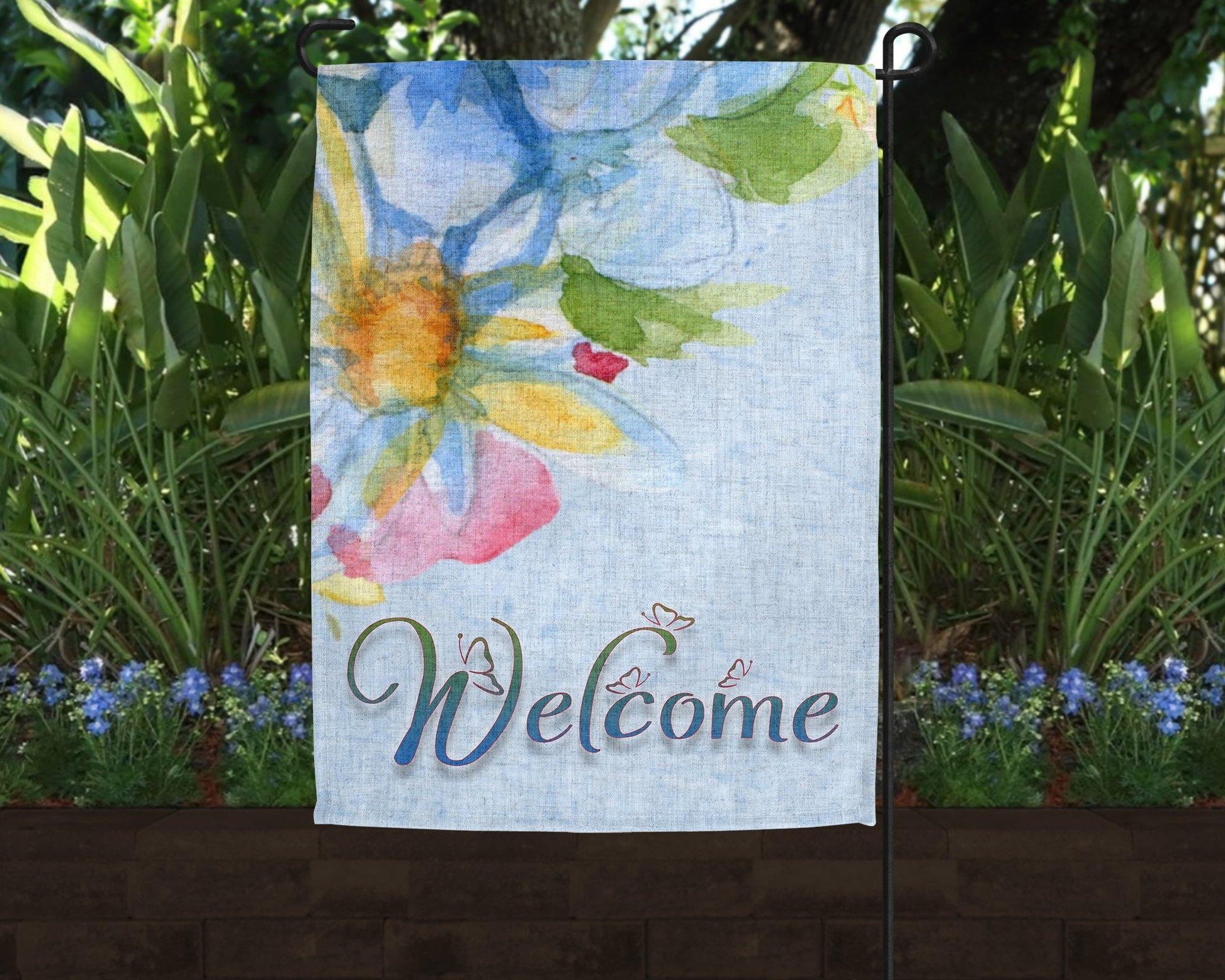 Watercolor Style Blue Flower Welcome Linen Garden Flag - Schoppix Gifts