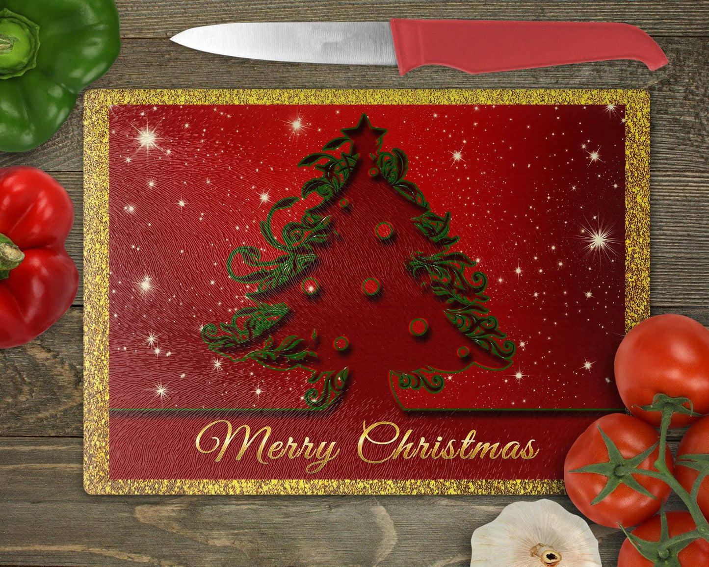 Merry Christmas Tree Cutout Glass Cutting Board - Schoppix Gifts