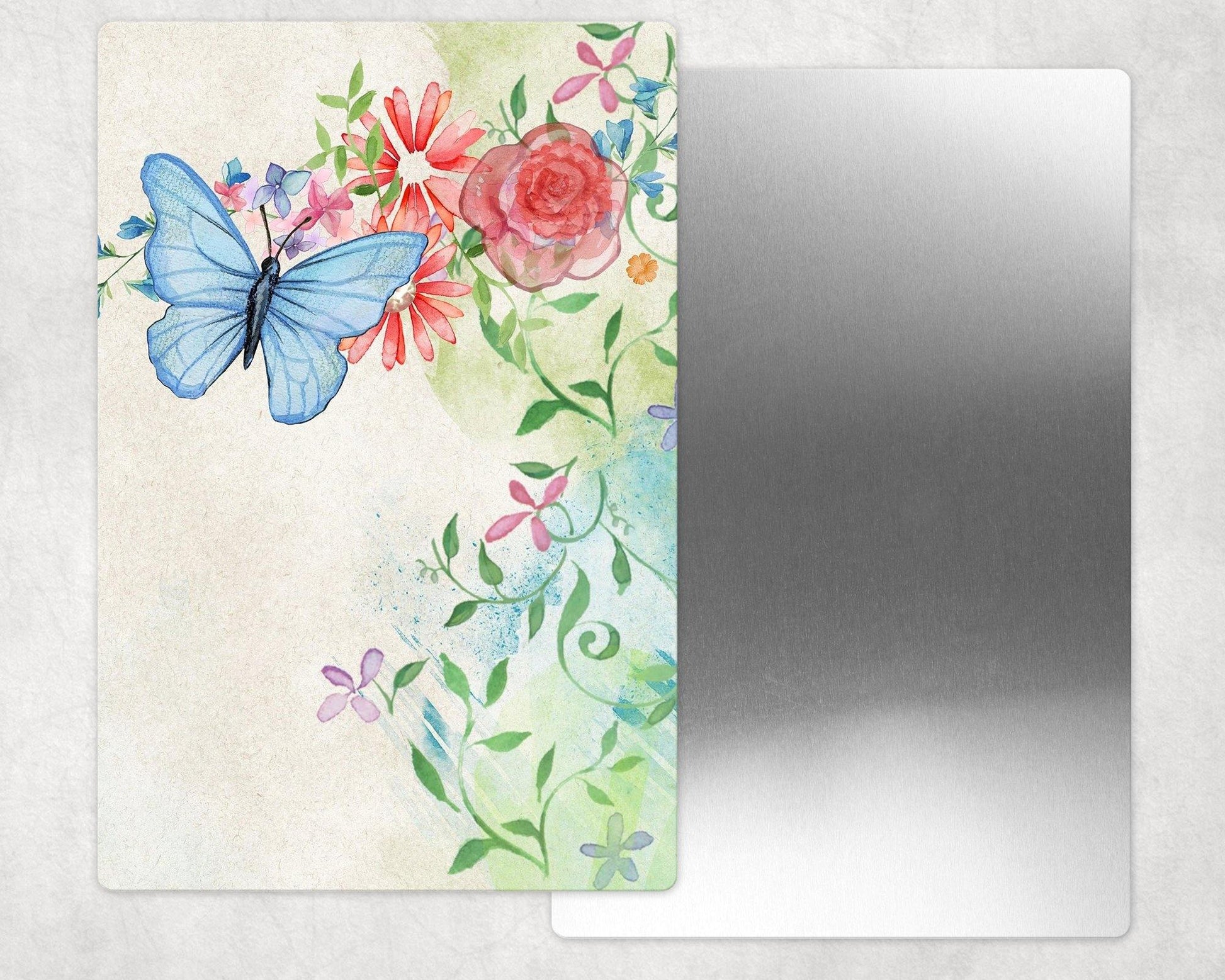 Vintage Look Blue Butterfly on Flower Garden Metal Photo Panel - 8x12 or 12x18 - Schoppix Gifts