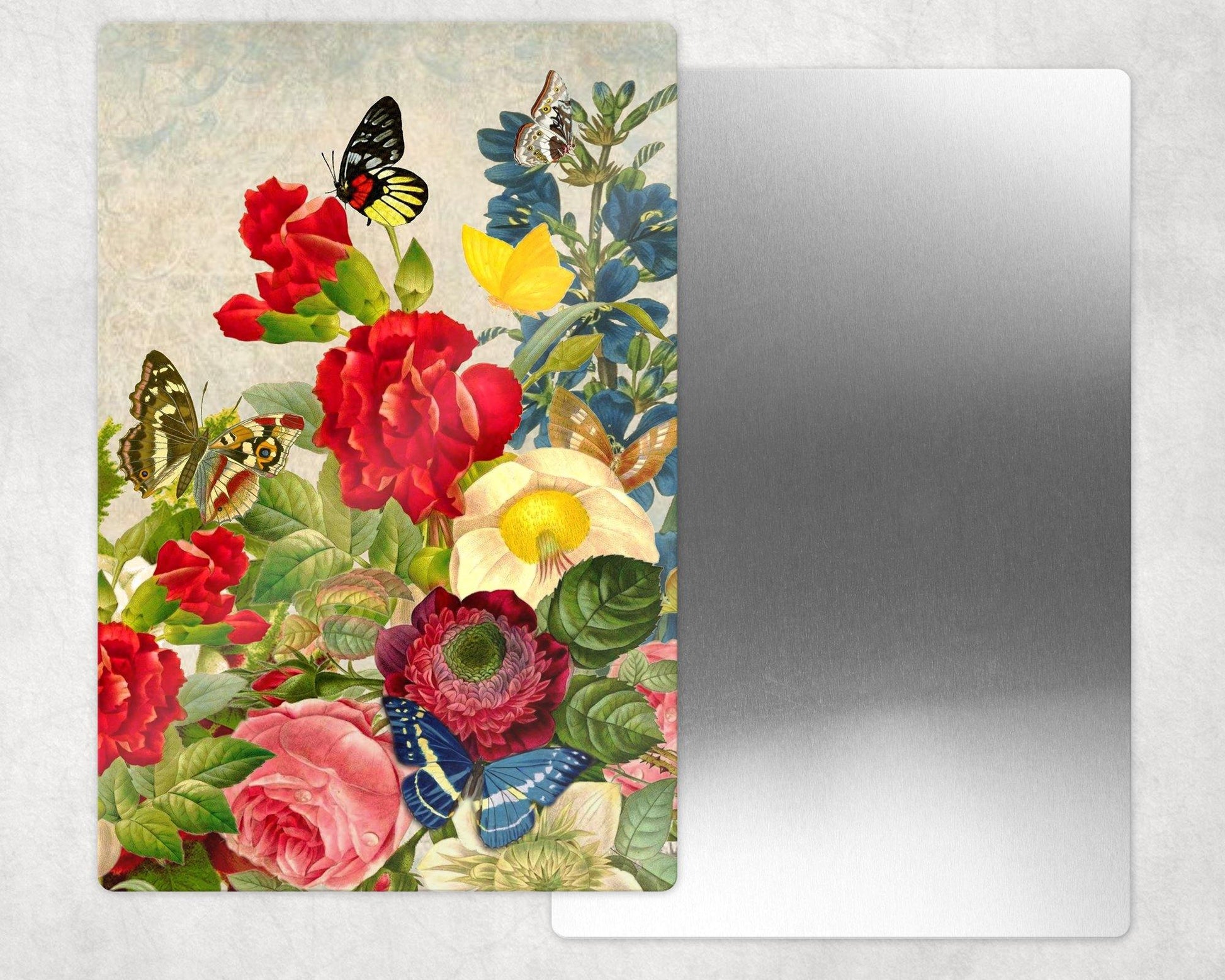 Vintage Look Butteflies on Flower Garden Metal Photo Panel - 8x12 or 12x18 - Schoppix Gifts