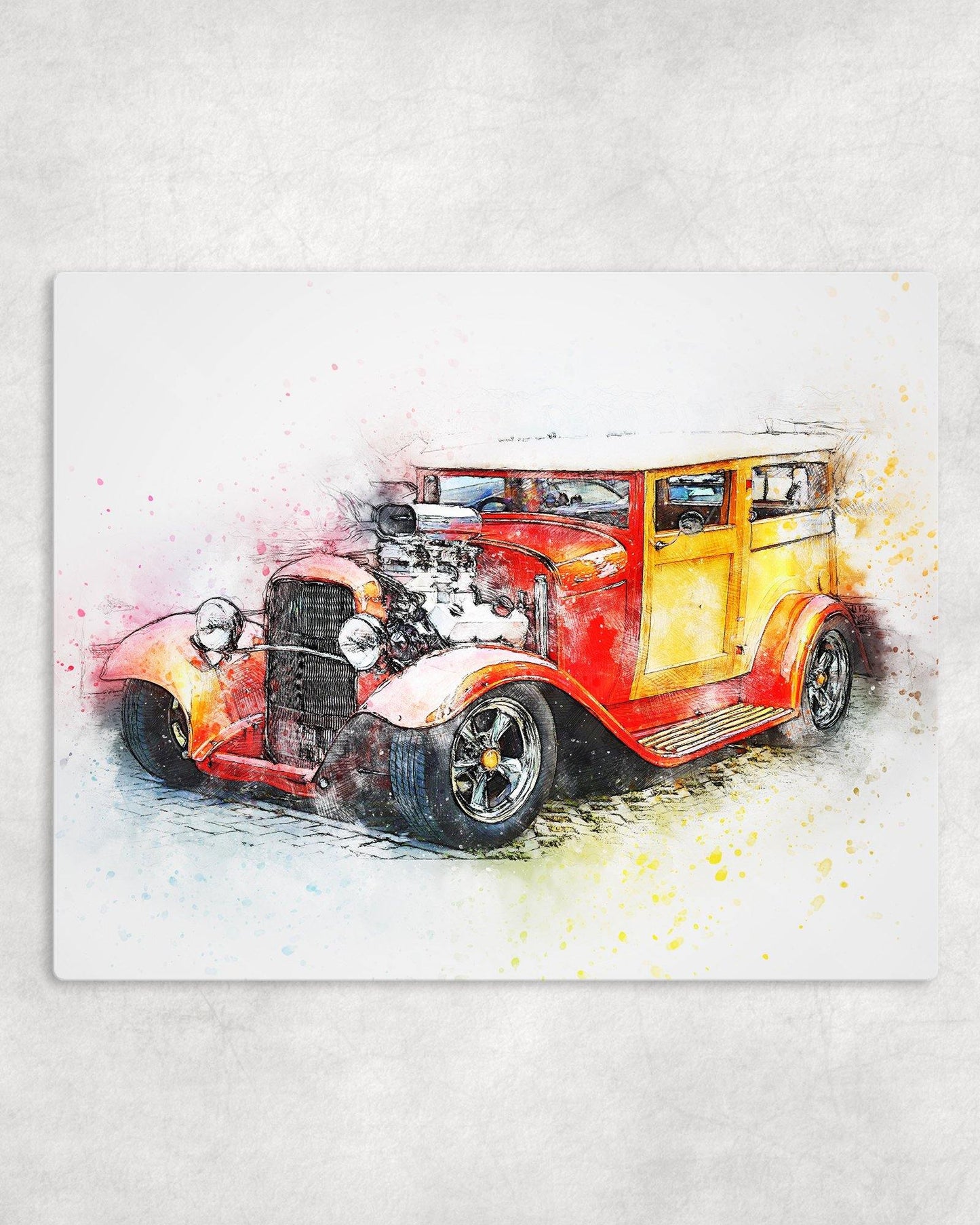 Watercolor Style Yellow Hot Rod Metal Photo Panel - 8x10 - Schoppix Gifts