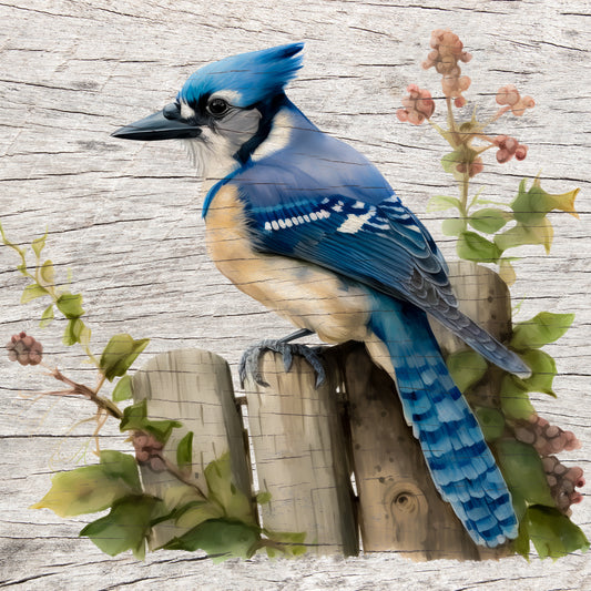 Watercolor Blue Jay Art on Wood Texture Art Decorative Ceramic Tile with Optional Easel Back - Available in 3 Sizes