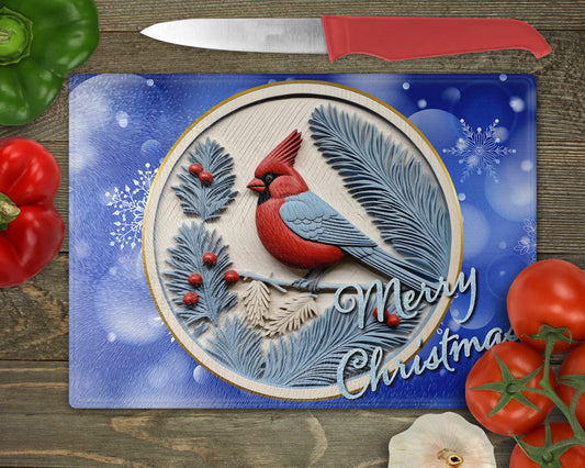 a cutting board with a red bird on it