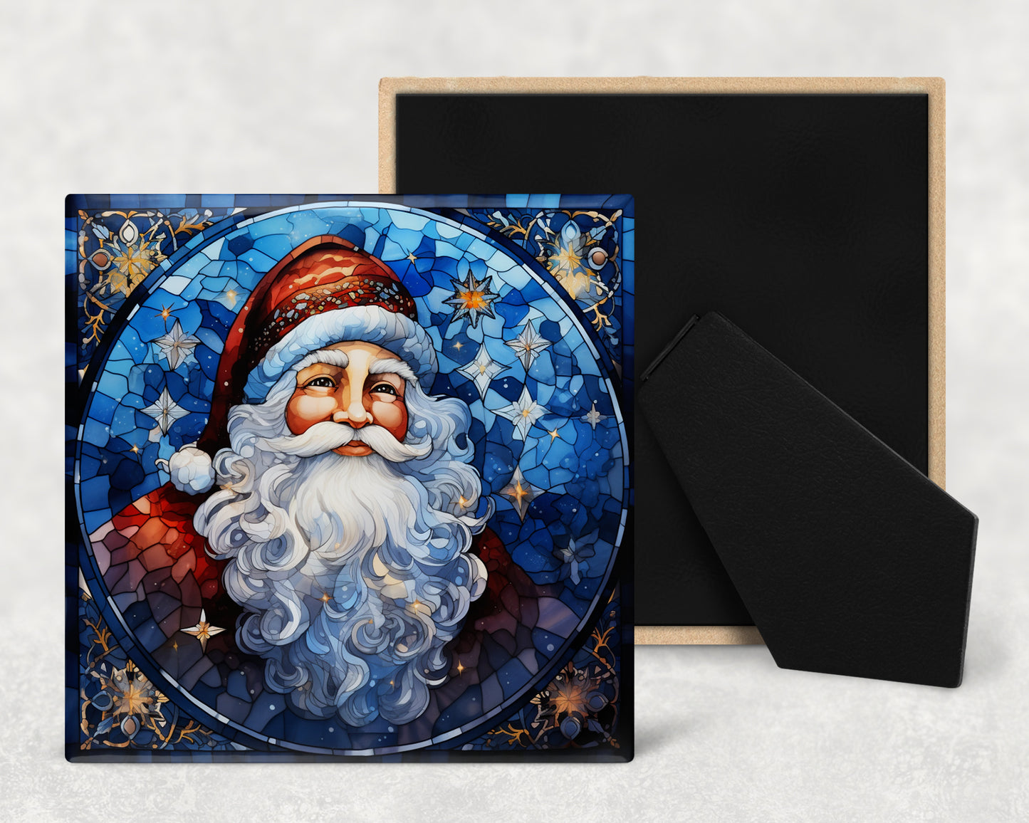 Stained Glass Santa Art Decorative Ceramic Tile with Optional Easel Back - Available in 3 Size