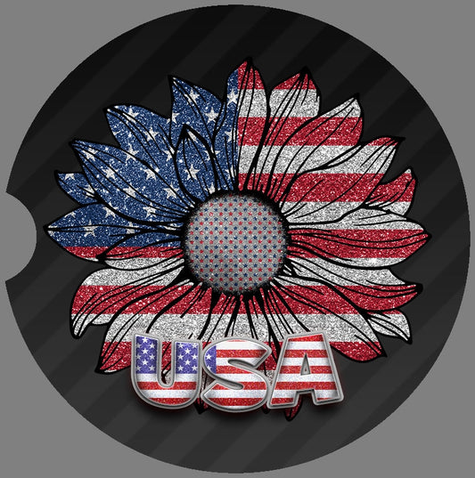 Glitter Look American Flag Sunflower Art Car Coasters  - Matching Pair - Schoppix Gifts