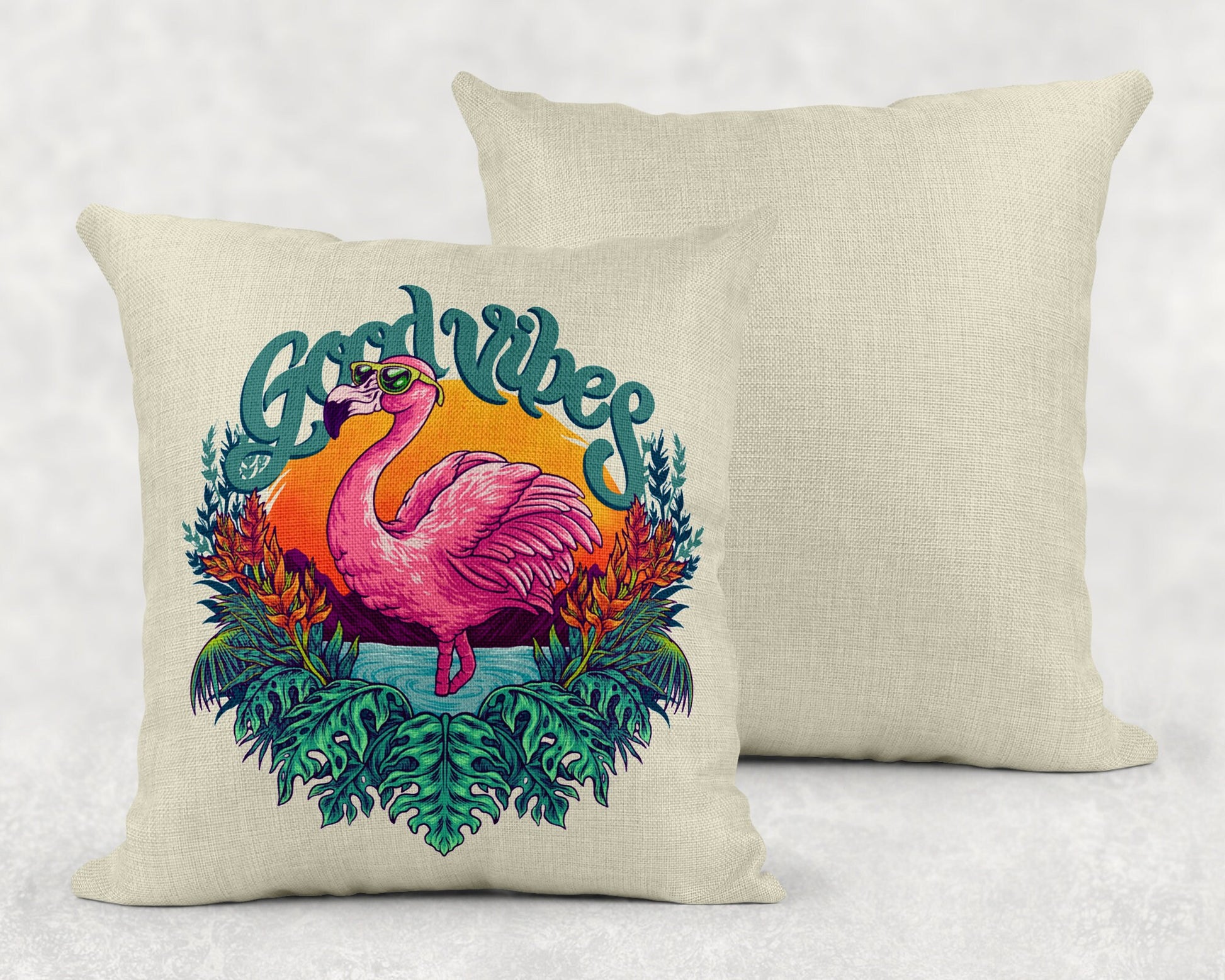 15.75 Inch Good Vibes Flamingo Art Linen Throw Pillow|Home Decor|Decorative Pillows| - Schoppix Gifts