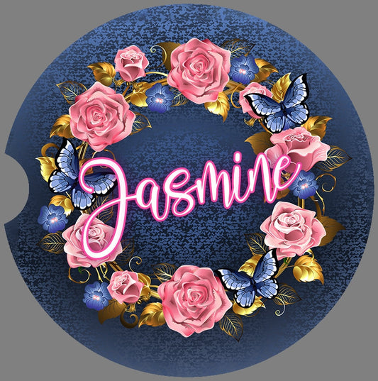Personalized Butterfly Wreath Denim Look Art Car Coasters - Matching Pair - Schoppix Gifts