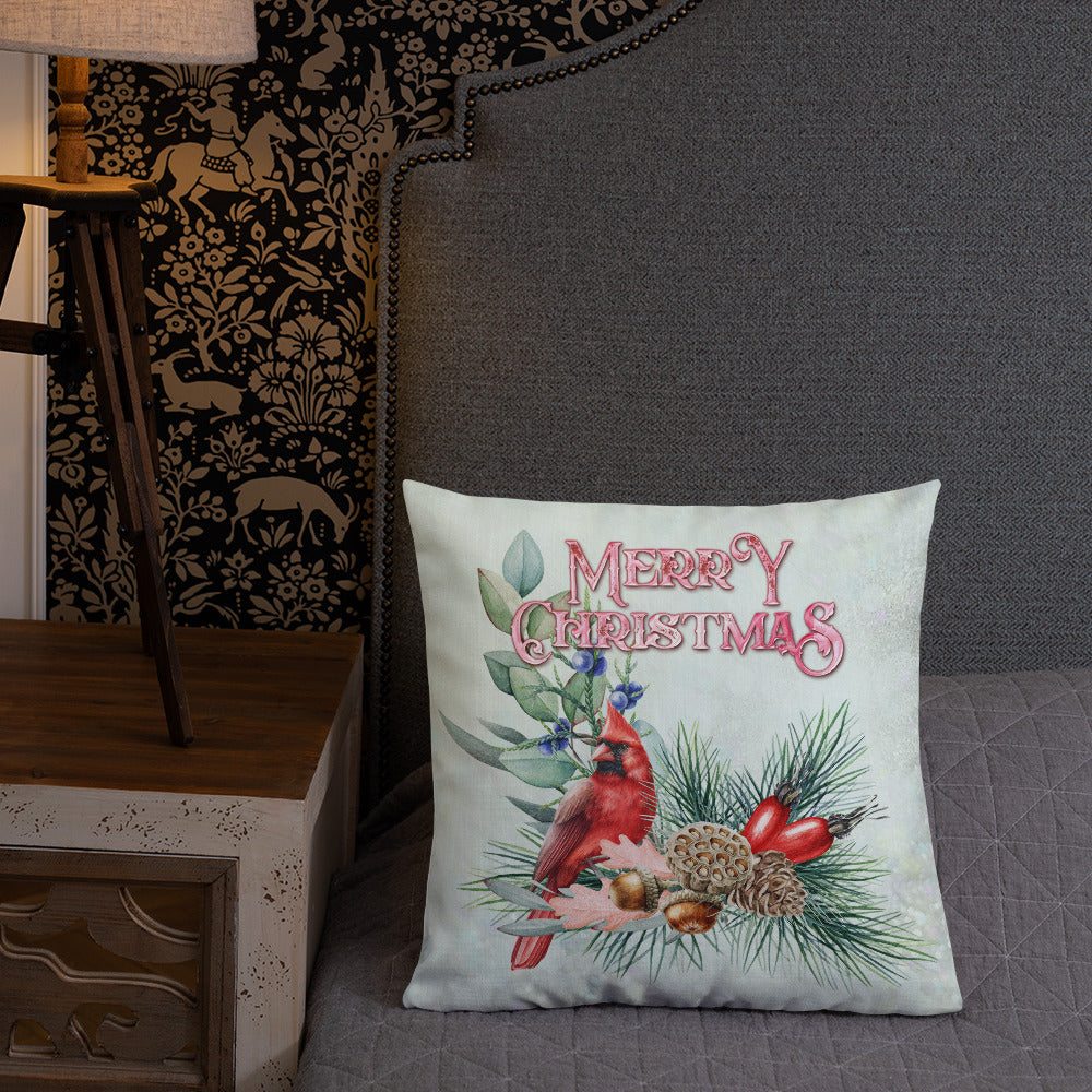 Merry Christmas Cardinal Wreath Decorative Throw Pillow