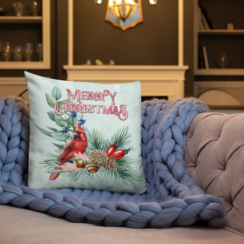 Merry Christmas Cardinal Wreath Decorative Throw Pillow