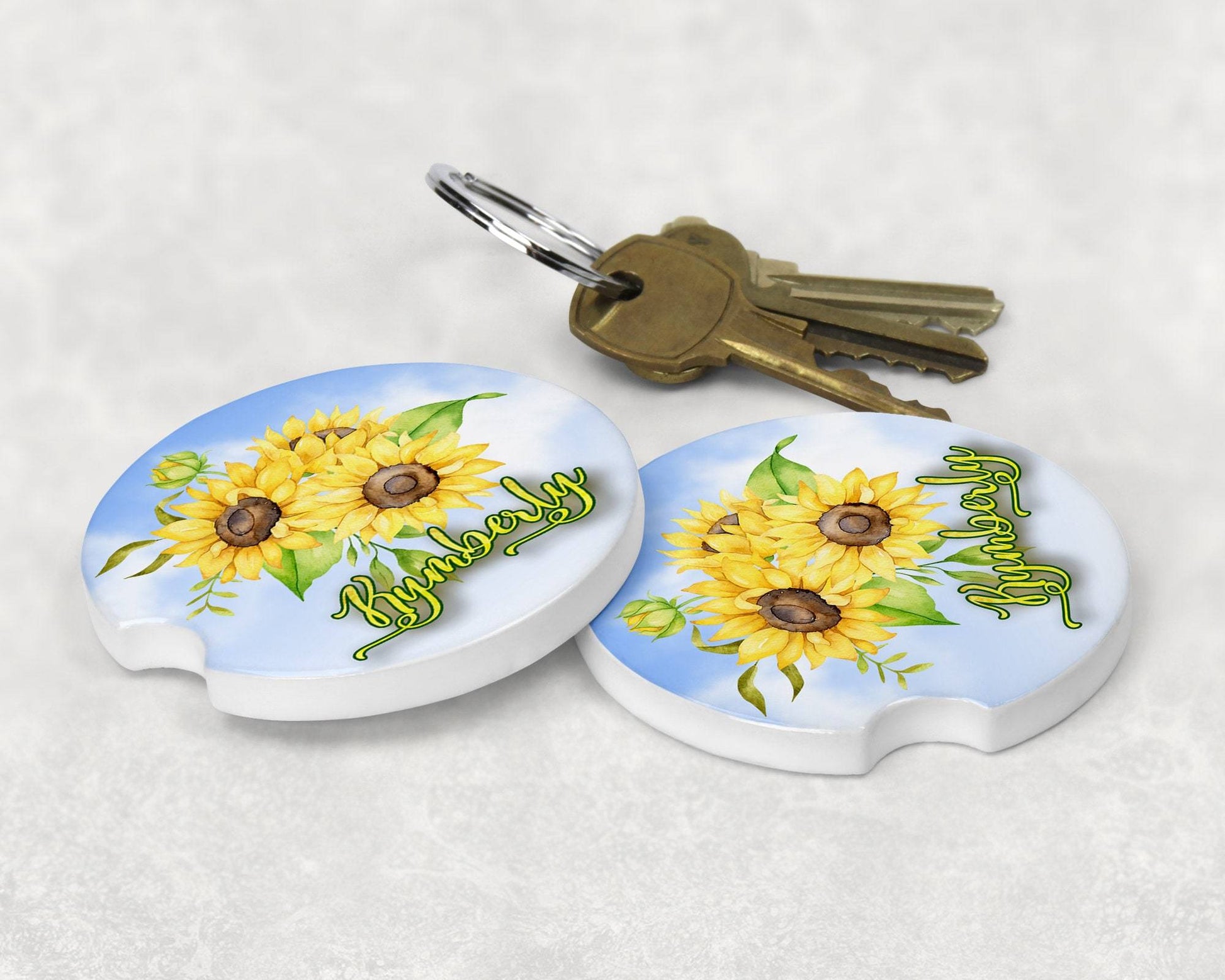 Personalized Sunflower Bouquet Art Car Coasters - Matching Pair - Schoppix Gifts