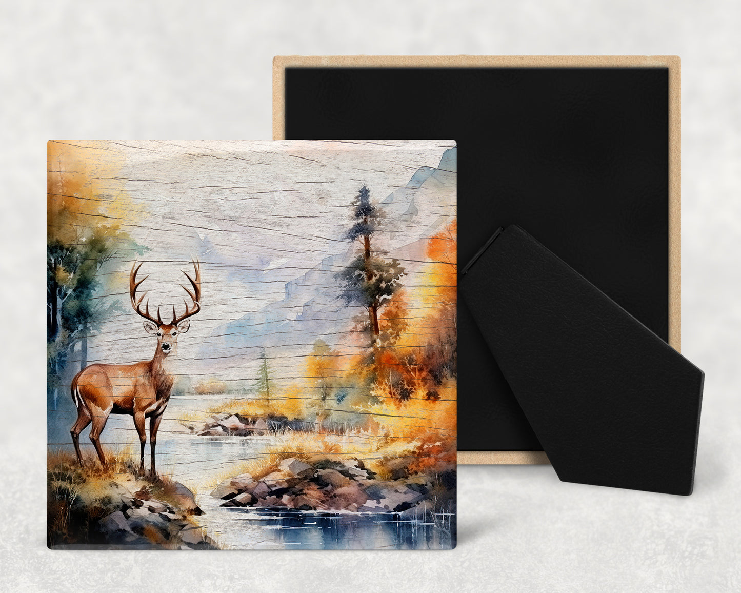 a painting of a deer by a river