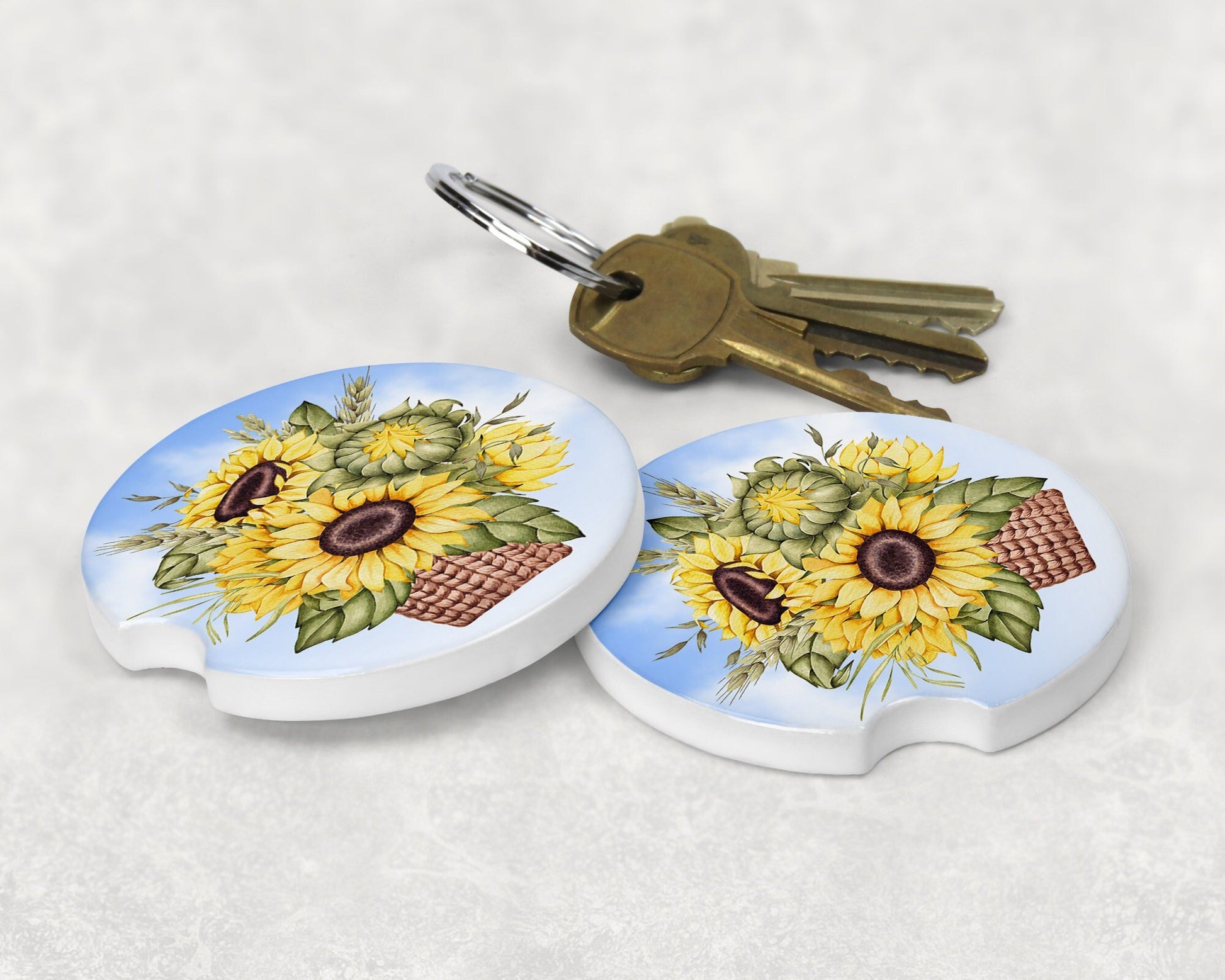 Sunflower Basket Art Car Coasters  - Matching Pair - Schoppix Gifts