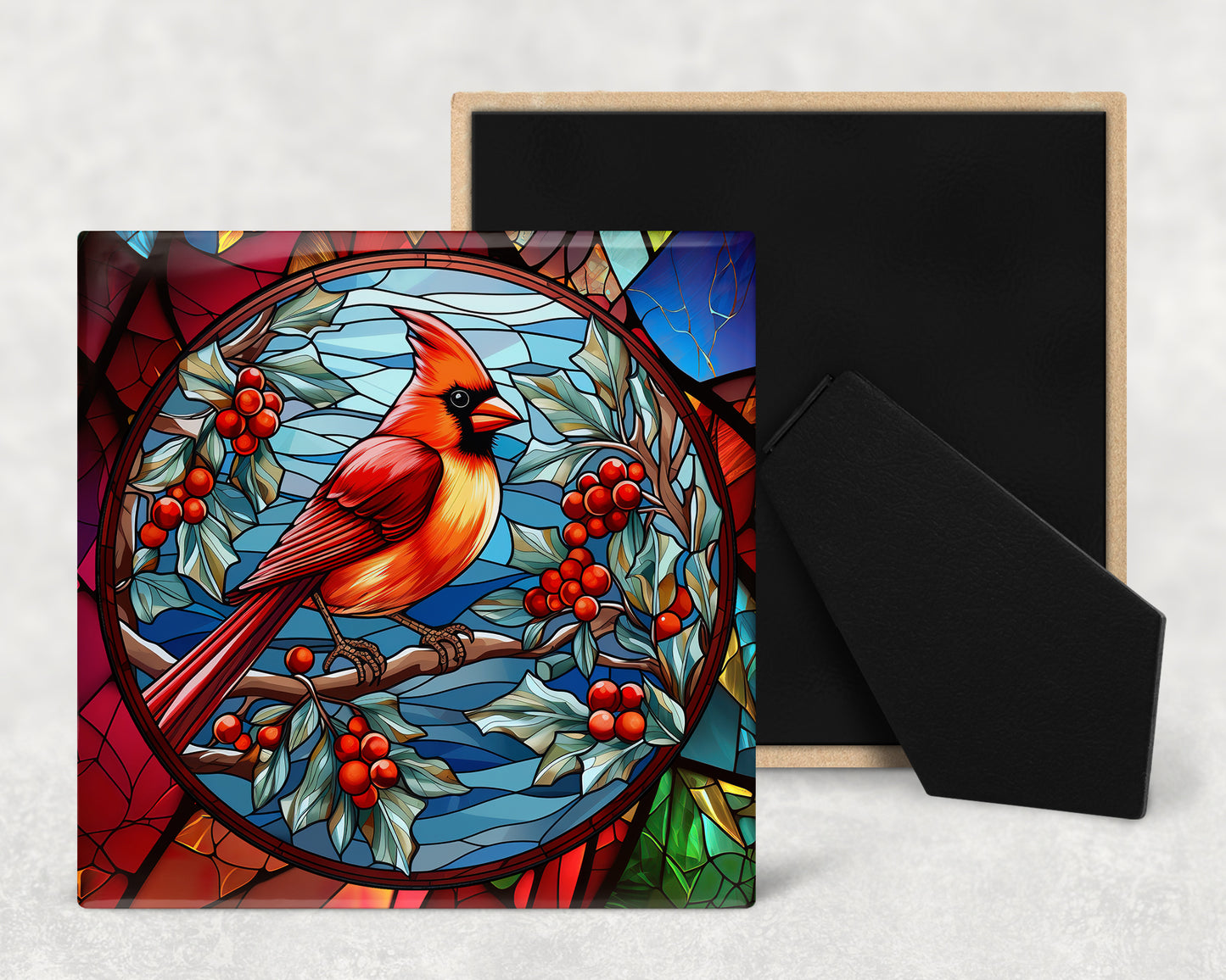 Stained Glass Cardinal Art Decorative Ceramic Tile with Optional Easel Back - Available in 3 Sizes