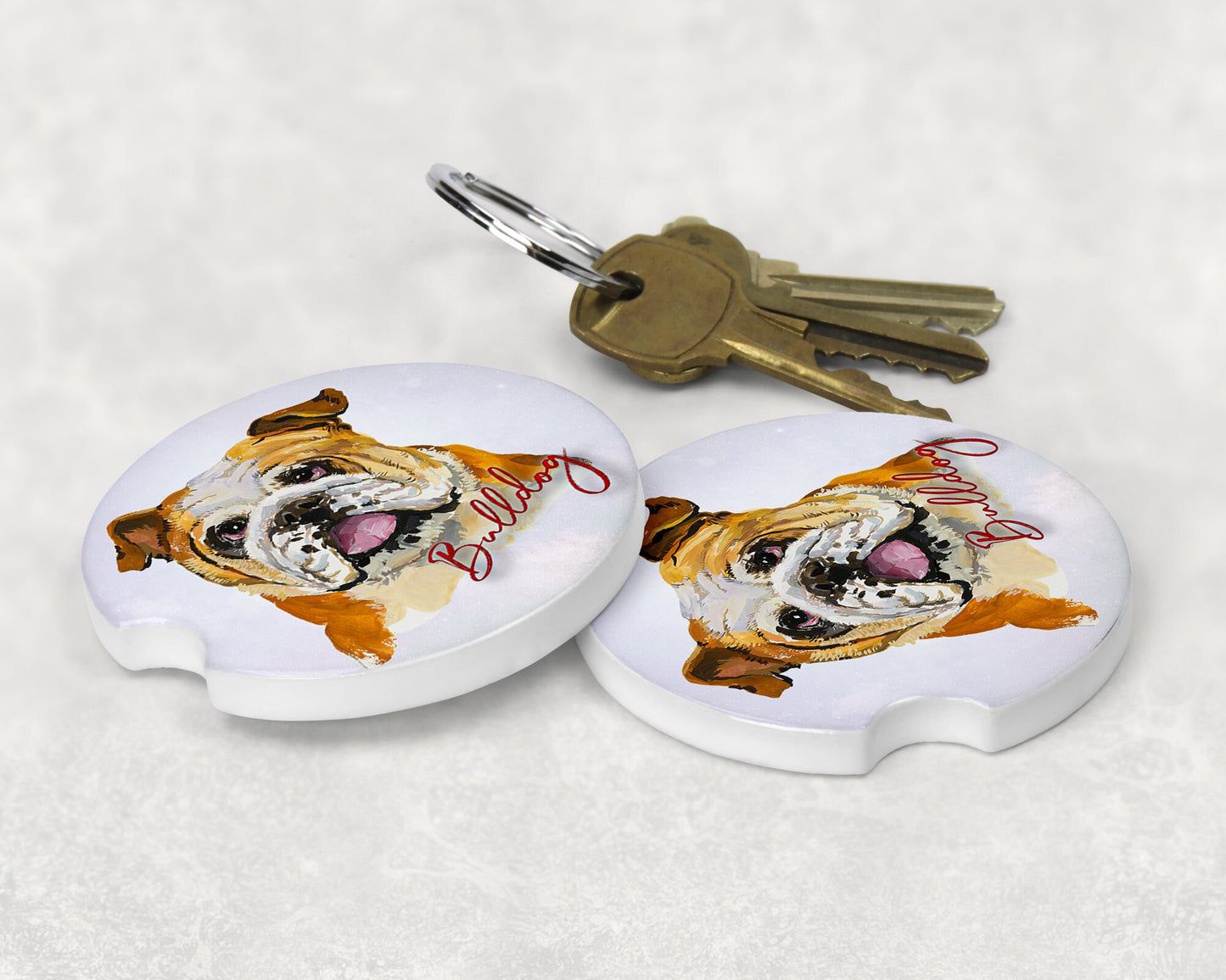 English Bulldog Art  Car Coasters  - Matching Pair - Schoppix Gifts