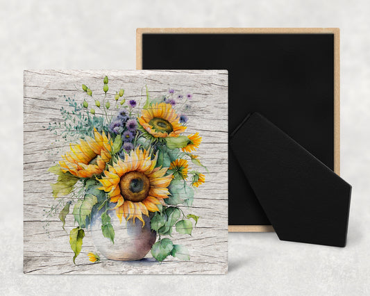 Watercolor Sunflowers on Wood texture Art Decorative Ceramic Tile with Optional Easel Back - Available in 3 Sizes
