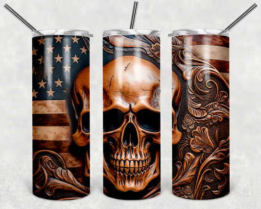 a pair of tumblers with a picture of a skull and an american flag